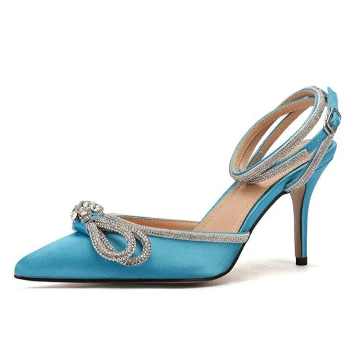 Women's black stiletto heel sandals with a pointed toe and an adjustable silk back bandage buckle.