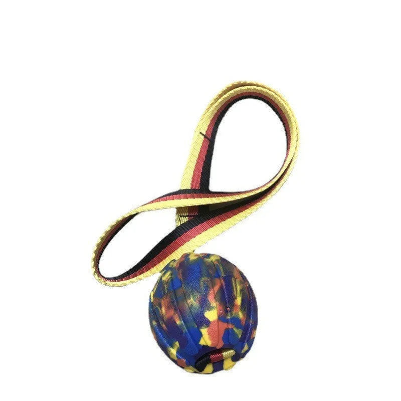 Floating EVA pet training ball with attached string in camouflage or yellow colour