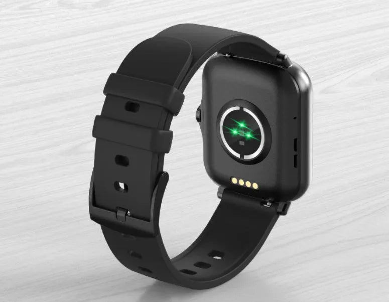 Blue smart watch with 1.7-inch touch screen on wrist, showing fitness stats interface.