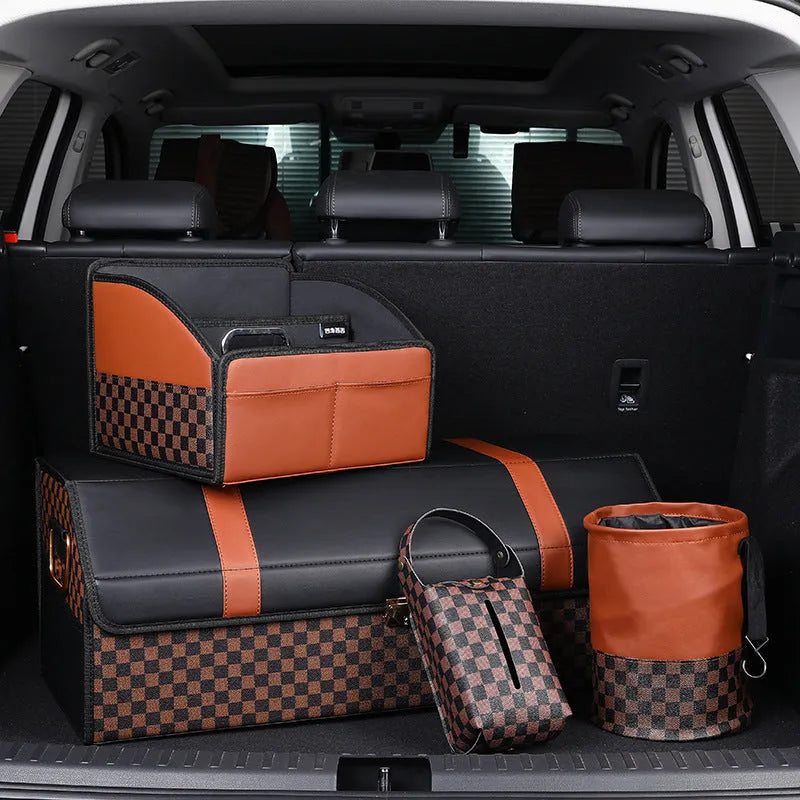 Retractable leather car interior bin showing waterproof construction with handle and folding mechanism