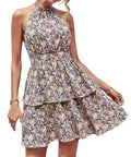 Women's boho backless halter summer dress in an A-line cut with ruffled detail.