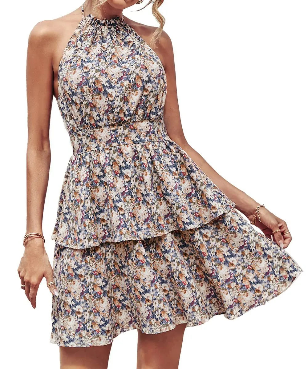 Women's boho backless halter summer dress in an A-line cut with ruffled detail.