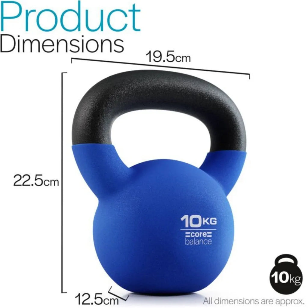 Blue cast iron teapot-shaped kettlebell with a handle, showing its 10kg weight for home gym use.