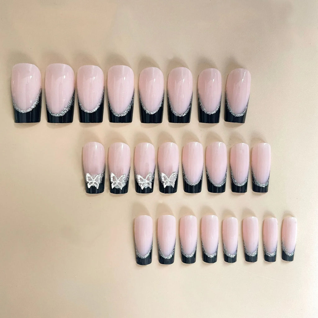 French style medium length artificial nails with butterfly glitter pattern BW50 false nails