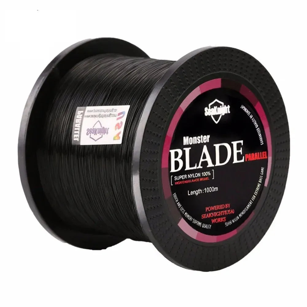 Seaknight1000 roll of nylon fishing line showing colour options of black, blue, green, white, and yellow.