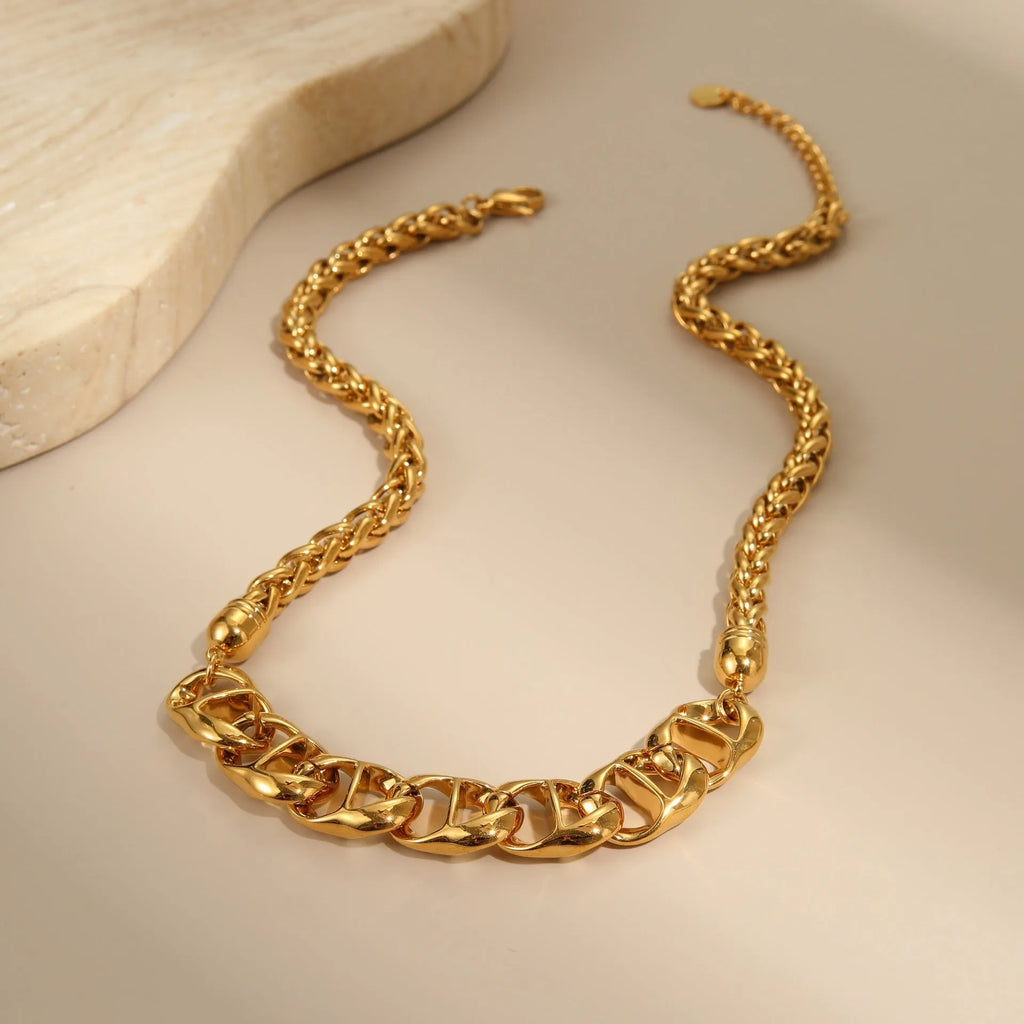 Gold plated stainless steel necklace with geometric pendant and regular chain for women