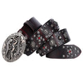 Men's punk-style genuine leather belt with alloy buckle in retro black, showing rivet details and smooth buckle fastening.