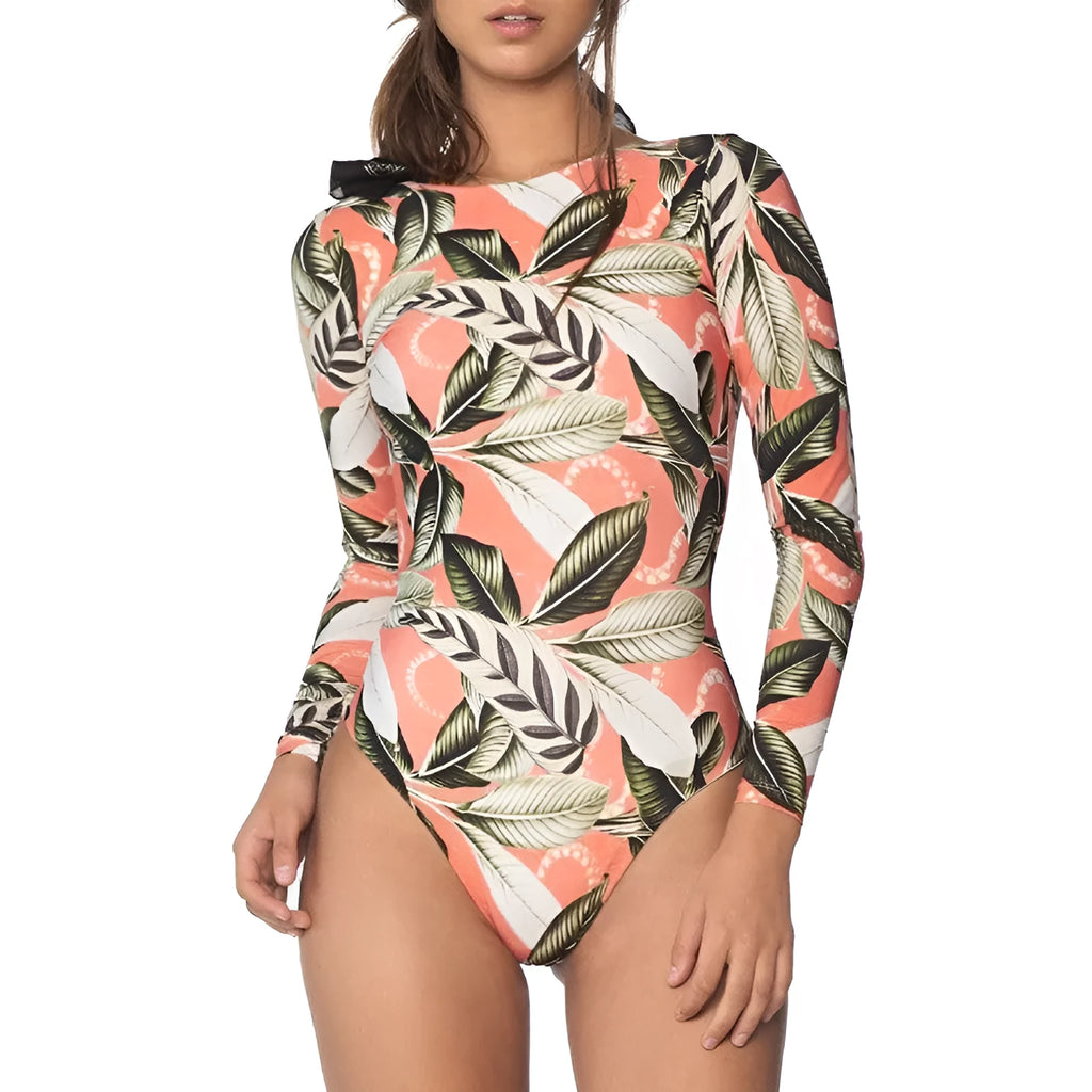 Women's backless one-piece swimsuit with floral leaf print and polyester lining for swimming