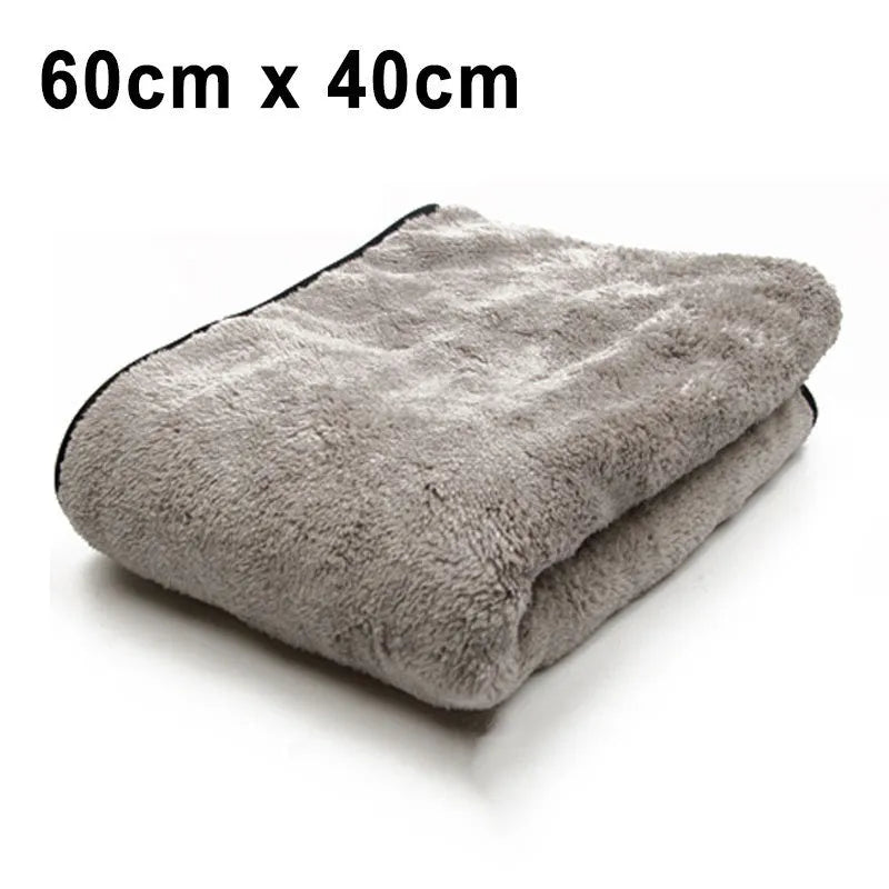 Three microfiber car wash towels showing size variations: 75x35cm, 60x40cm, and 100x40cm options