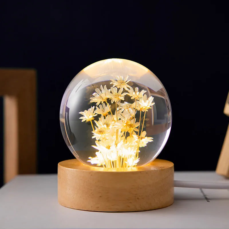 3D dandelion crystal ball night light on beech wood base with preserved flowers inside 6cm resin sphere