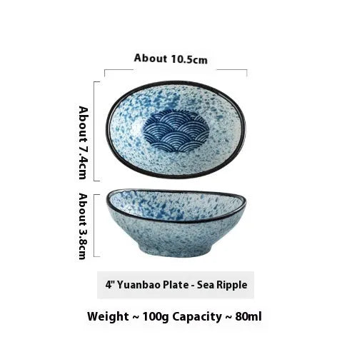 Japanese ceramic oval sauce dipping bowl with decorative glaze pattern