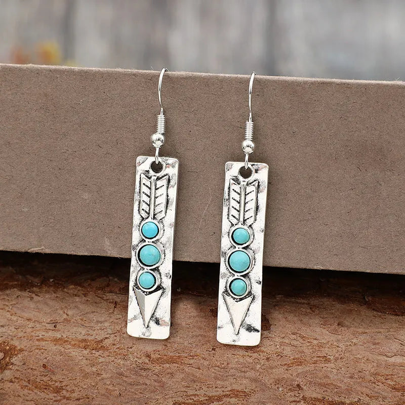 Silver geometric retro earrings with turquoise inlay, long strip drop design