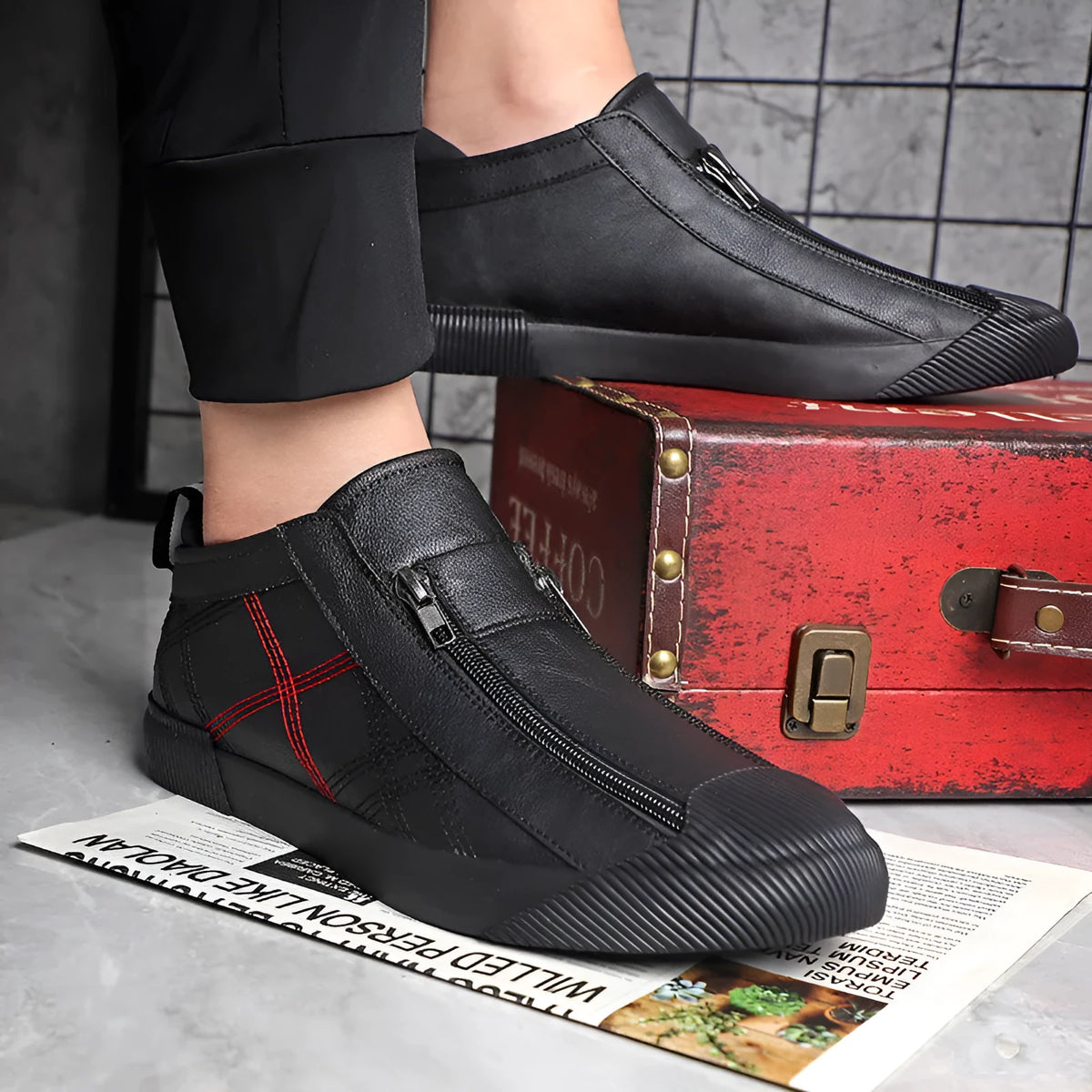 Breathable casual leather shoes with microfibre upper, side zipper, rubber sole, flat square heel, round toe, in black, beige or yellow