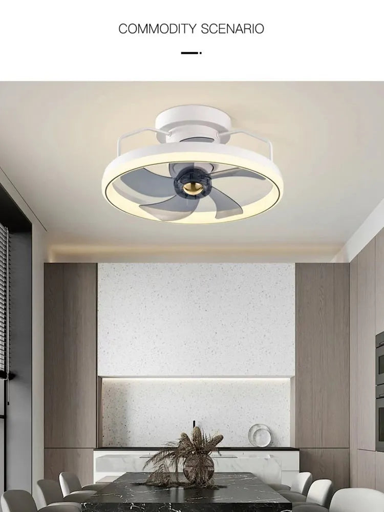 Modern white ceiling fan light with acrylic lampshade and five polycarbonate blades.