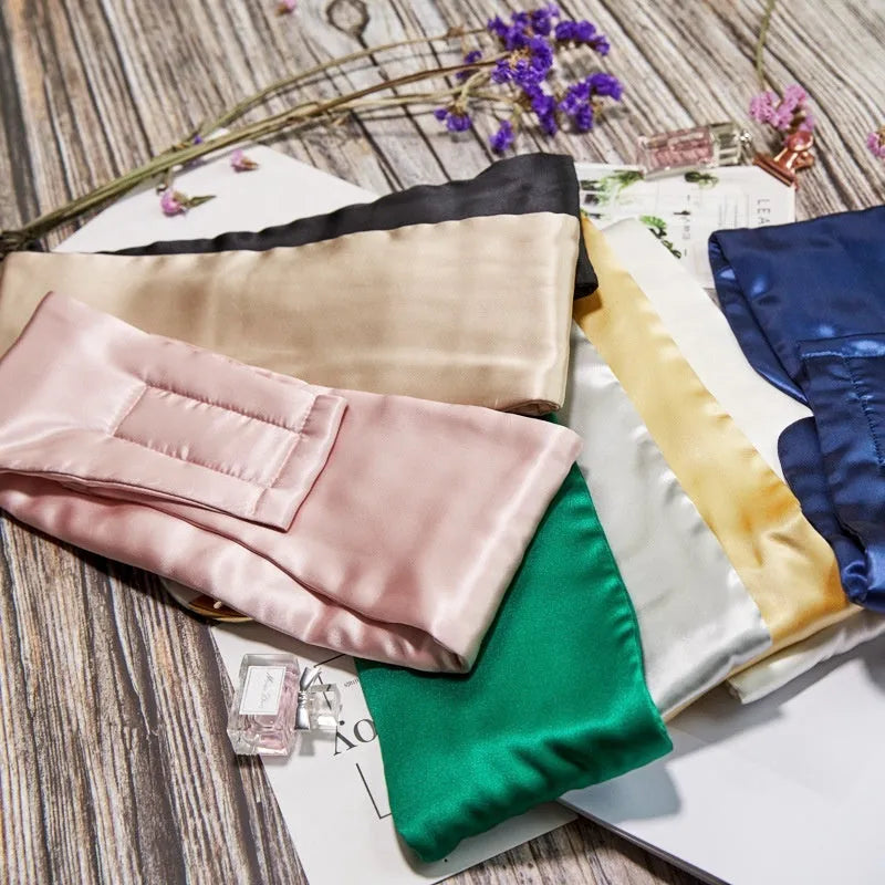 Mulberry silk eye mask in various colours including black navy blue and champagne gold for light blocking sleep