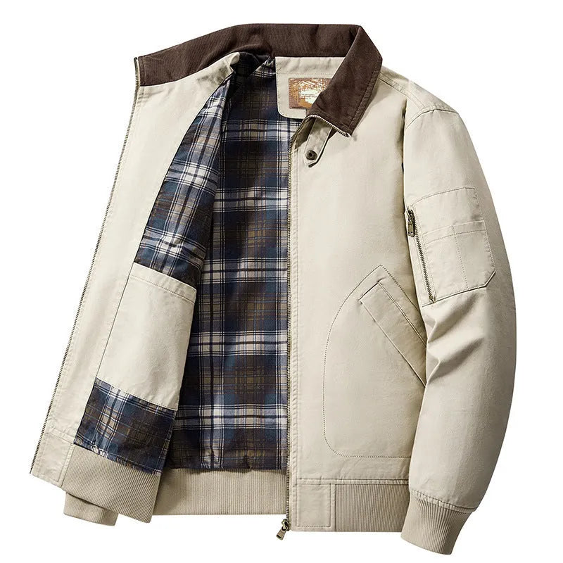 Men's camel coloured washed cotton baseball flight jacket on a hanger
