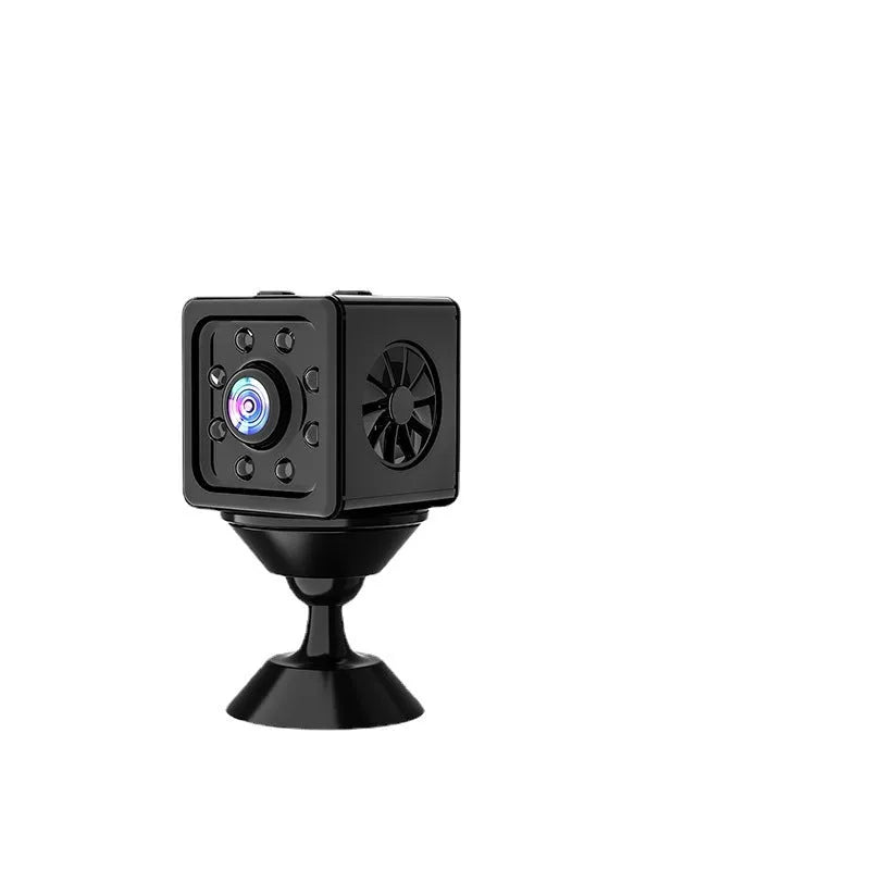Black cube-shaped network security camera with mounting bracket on side