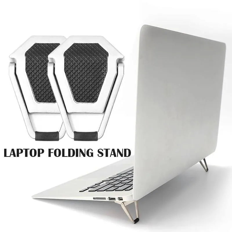 Aluminum alloy foldable laptop bracket shown in silver colour beside measuring tape showing 4.8cm width