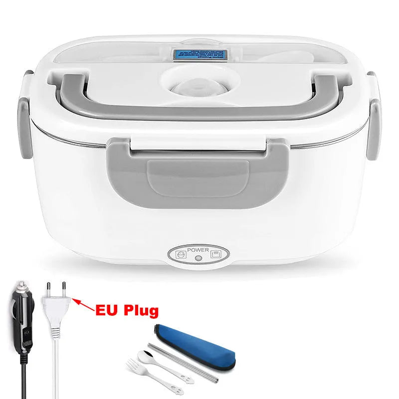 Grey electric lunch box with dual power for car and home use showing plastic body with stainless steel interior
