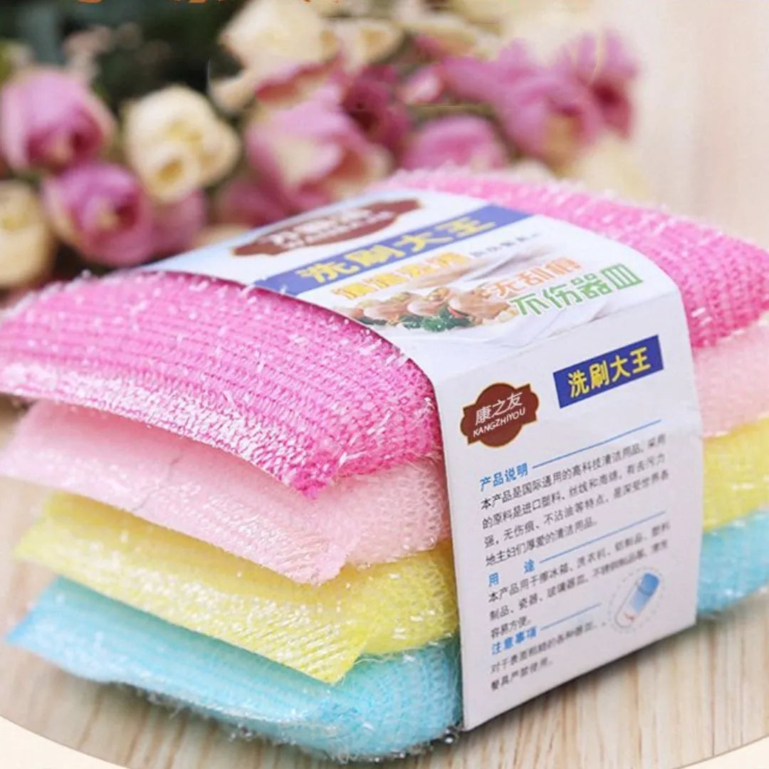 Pinstripe fabric dishwashing sponge mop in macaron colours showing 12x8.5cm dimensions
