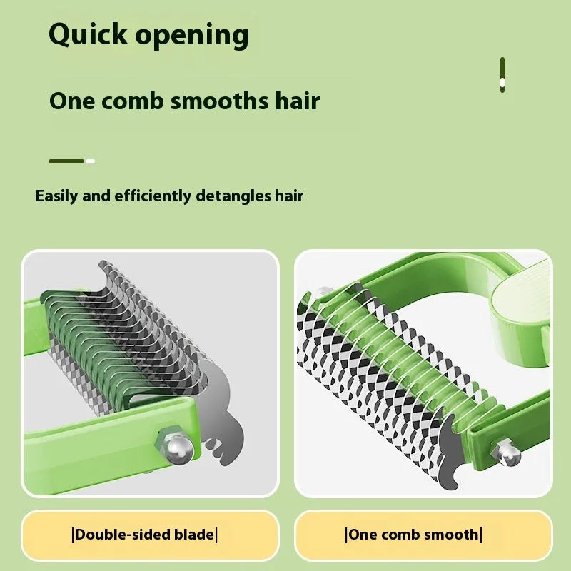 Pet grooming comb with stainless steel teeth and plastic handle in green or grey colour
