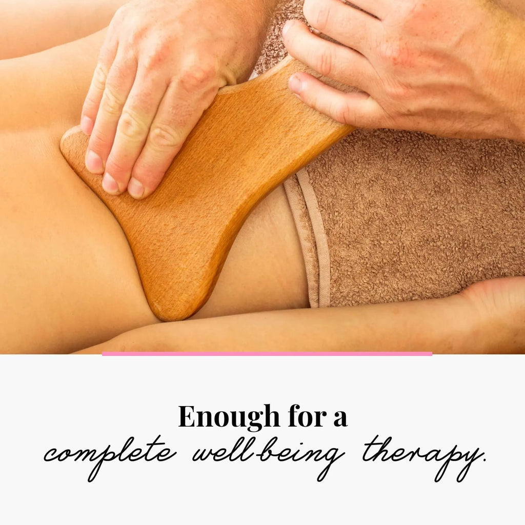 Natural beech wood massage roller set showing T-shaped, straight and curved wheel rollers on a table.