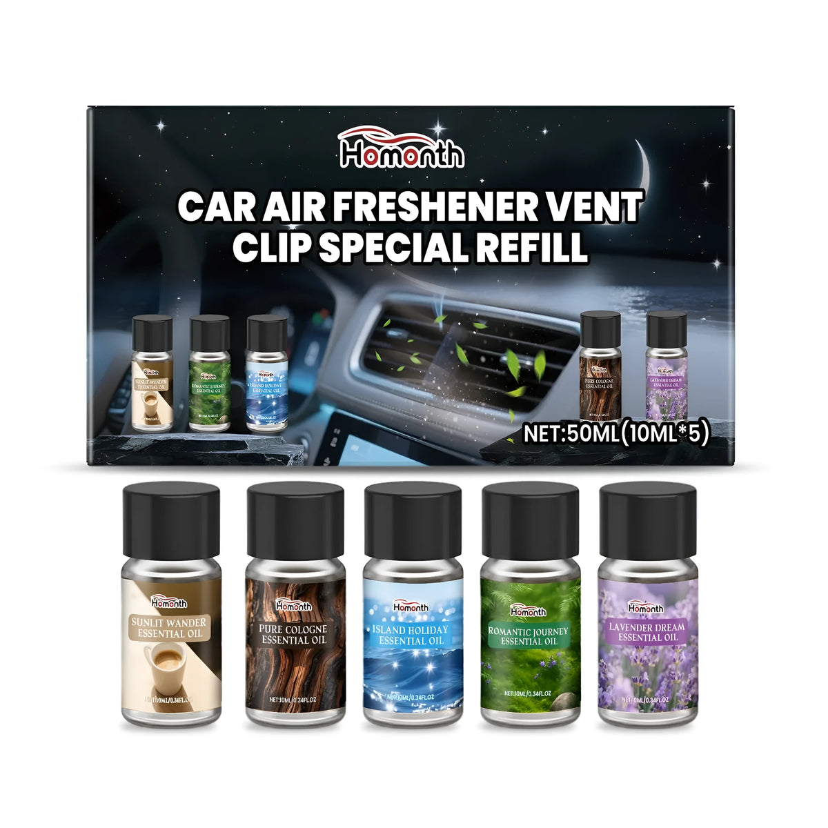 Car air freshener refill liquid pack showing five small bottles labelled Cologne, Ocean, Vanilla, Lavender, and Citrus