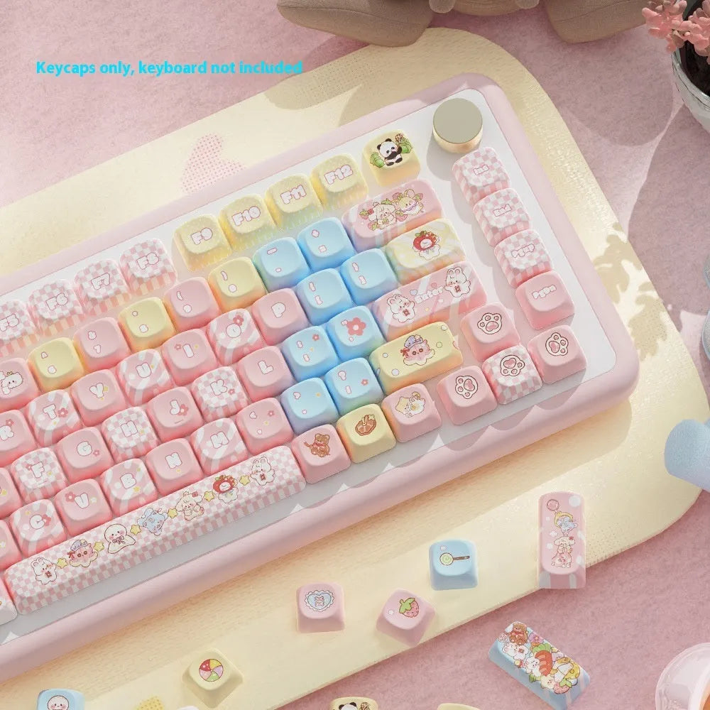 Doll-themed mechanical keyboard keycap set with sublimation dye colours showing anime character designs
