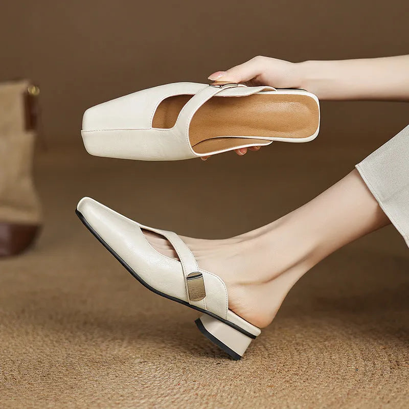 British style square toe outdoor slippers in black with artificial PU upper and rubber sole