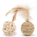 Two cat toys: hollow rattan ball and faux feather ball with bell for interactive play