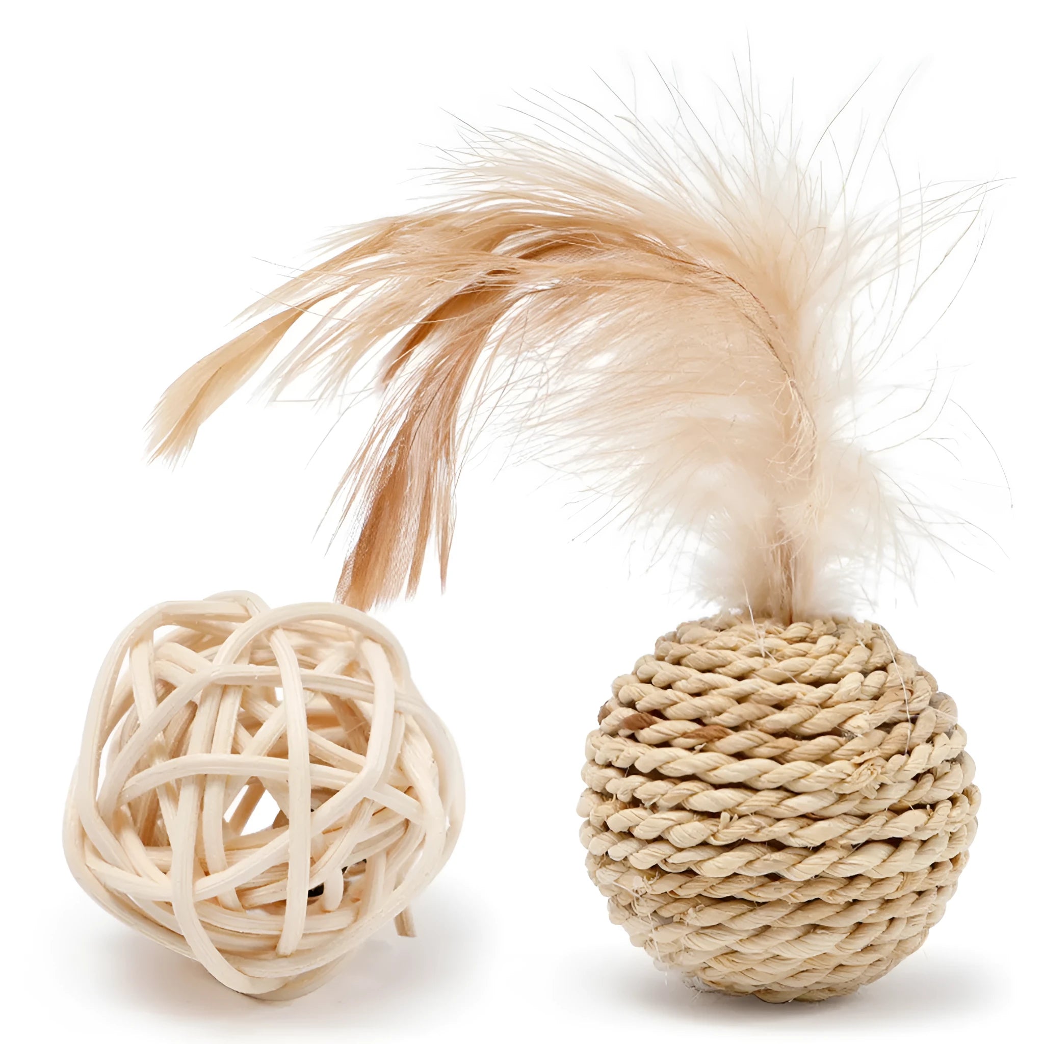 Two cat toys: hollow rattan ball and faux feather ball with bell for interactive play