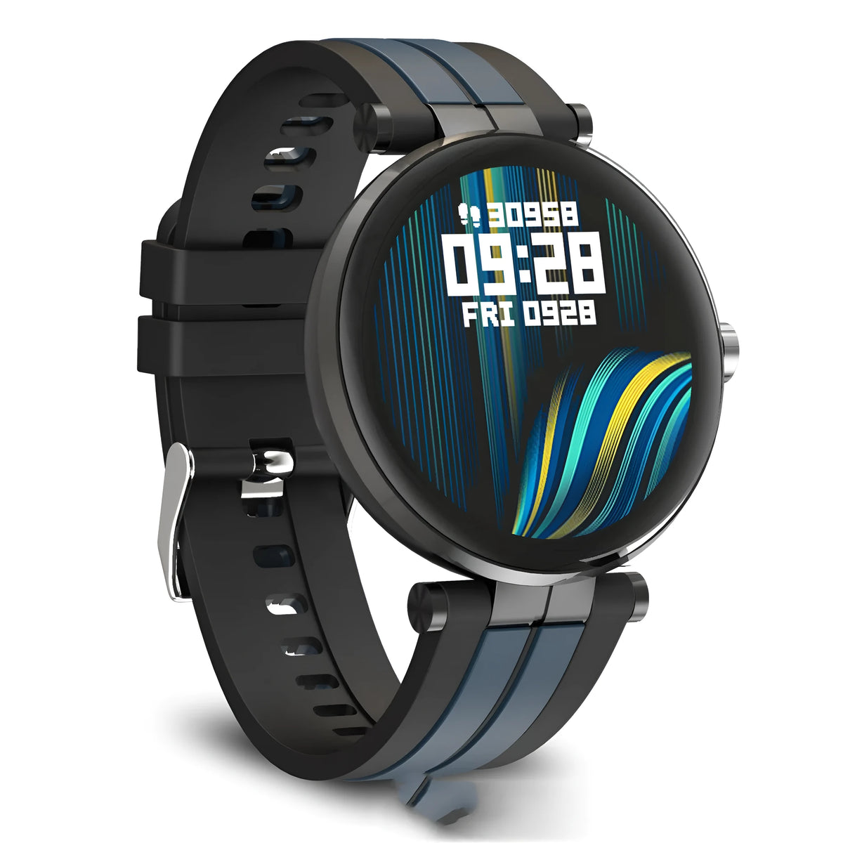 Smart watch with blood pressure monitoring on wrist displaying heart rate data