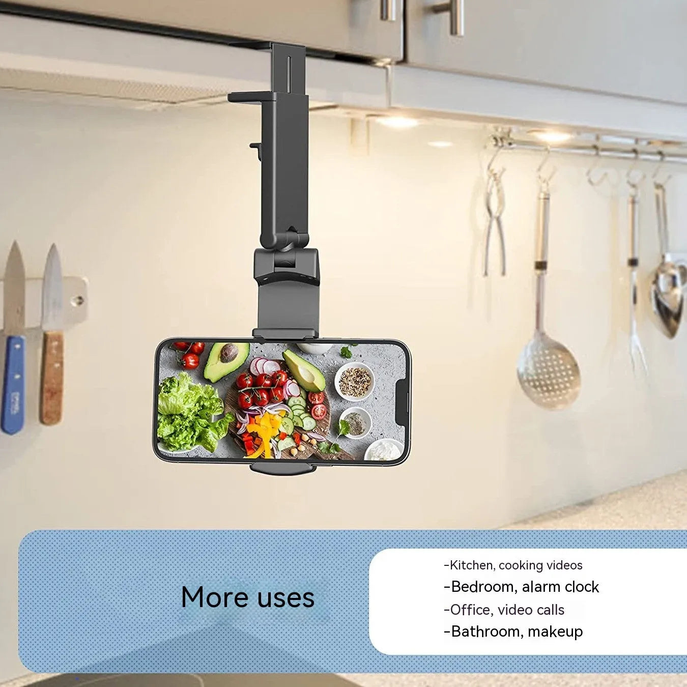 Black foldable rotating phone holder showing 360-degree adjustment for mobile devices