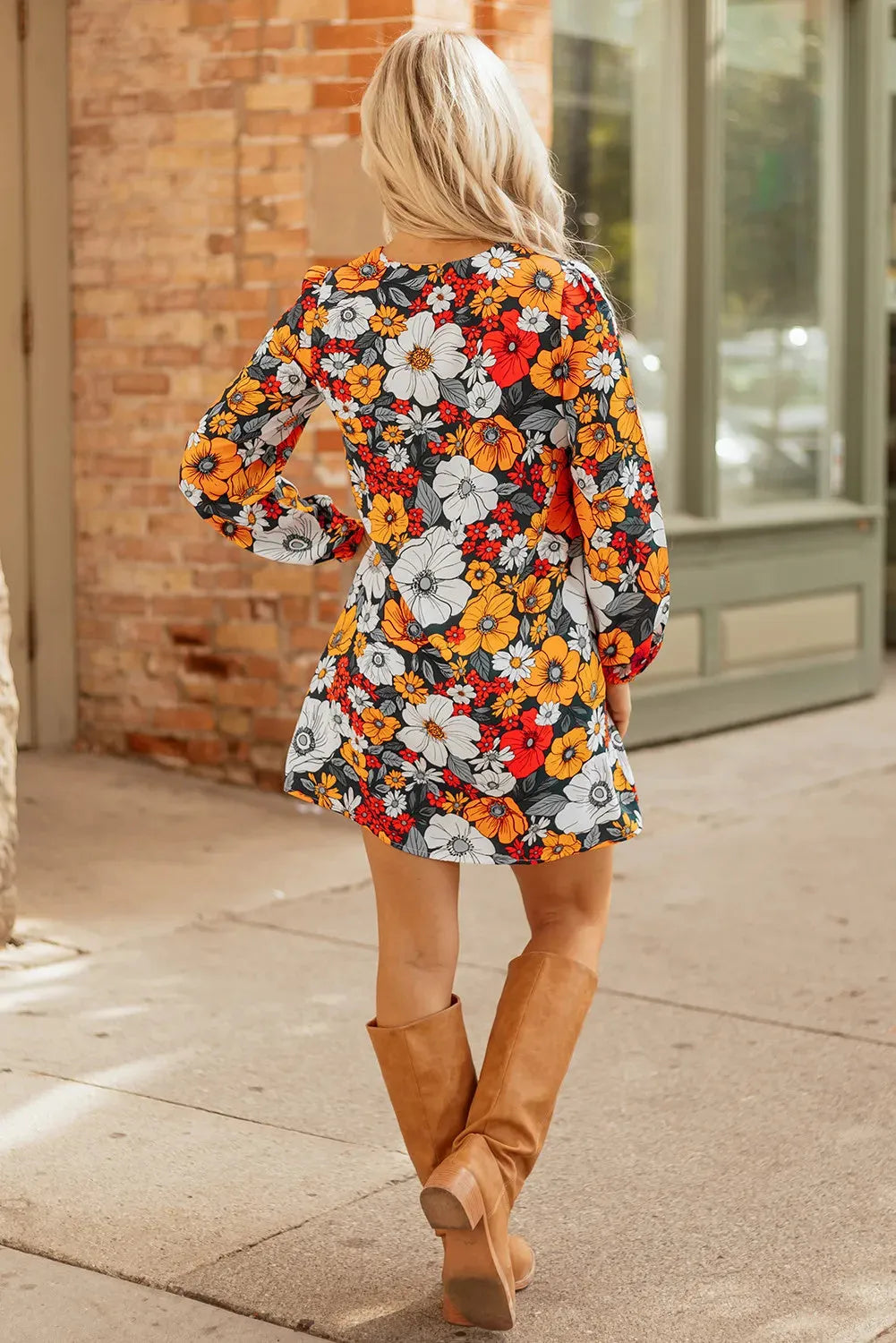 Orange floral print striped lace V neck long sleeve mini dress
