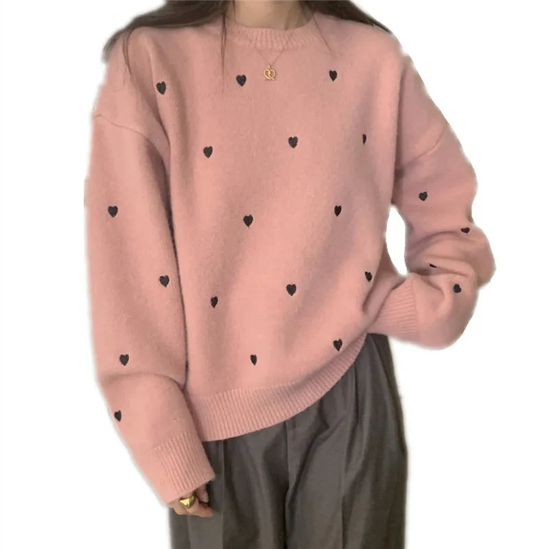 Women's loose acrylic crew neck pullover sweater with love embroidery in milky white, grey, or pink