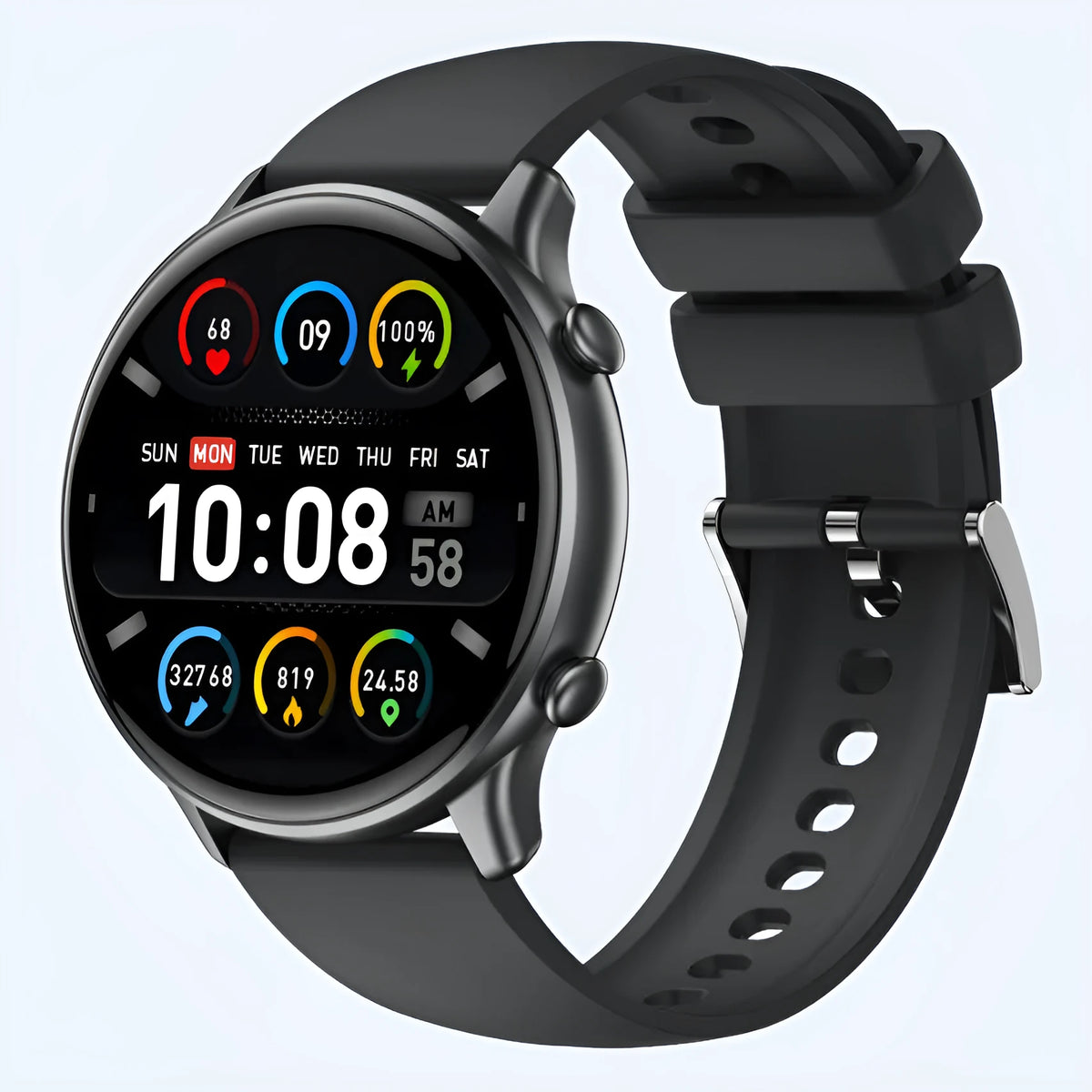 Round touch screen smart sports watch with silicone strap showing heart rate monitoring display.
