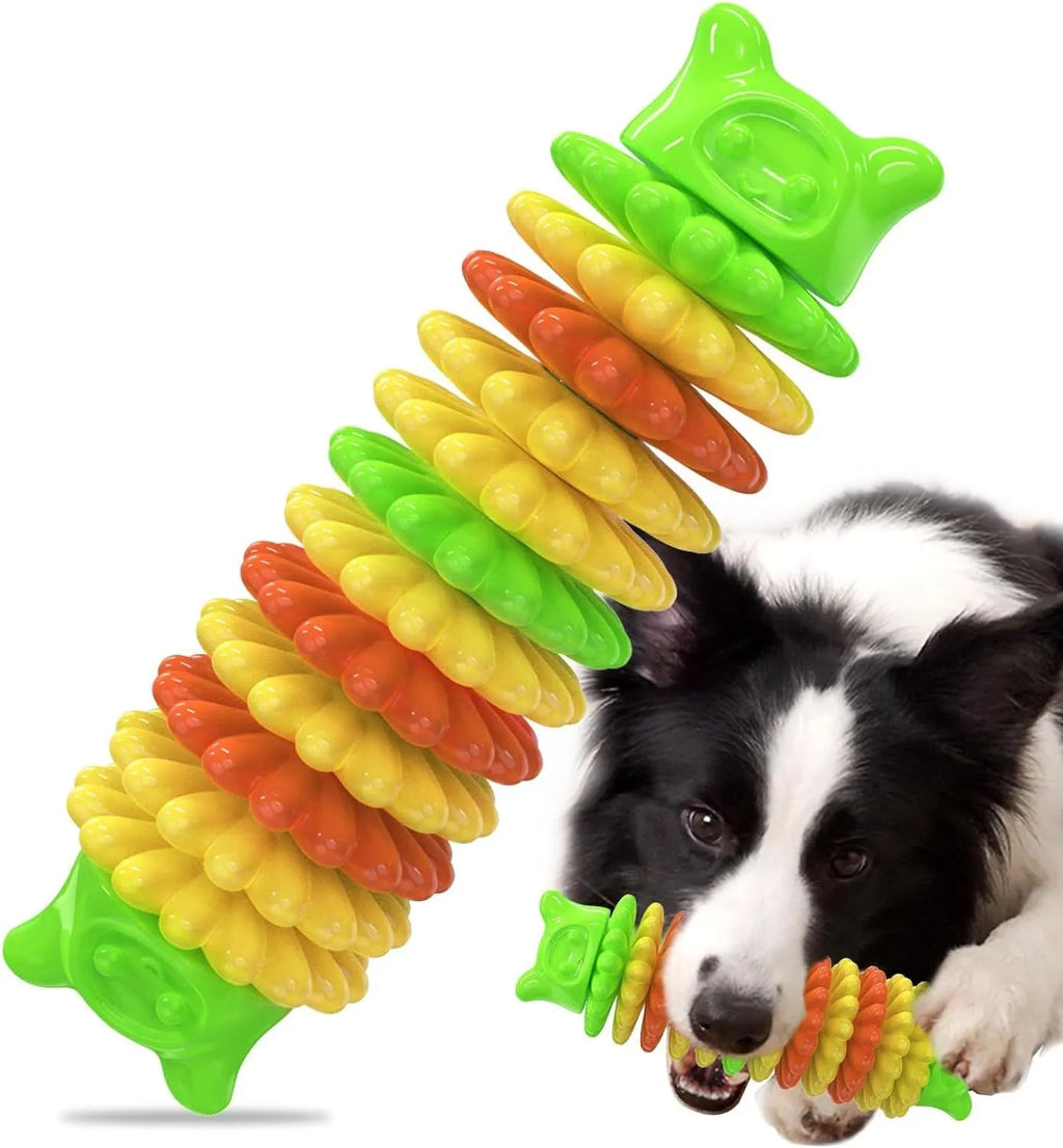 Blue green pink rubber caterpillar dog chew toy 17cm long for aggressive chewers