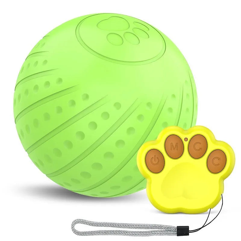 Bite-resistant rubber dog toy ball in blue, green, or orange with automatic or remote-control option