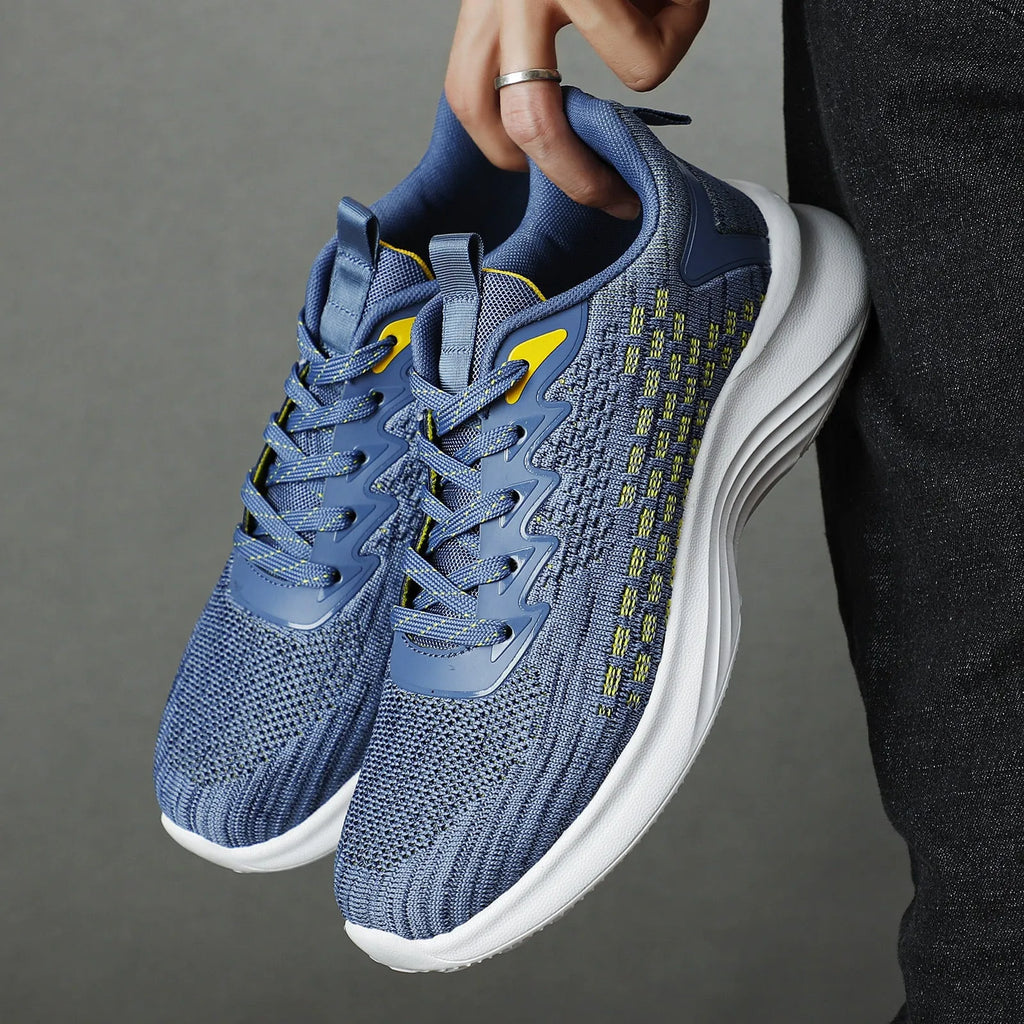 Women's lavender purple and royal blue flyknit running shoes with striped pattern and mesh lining in plus sizes