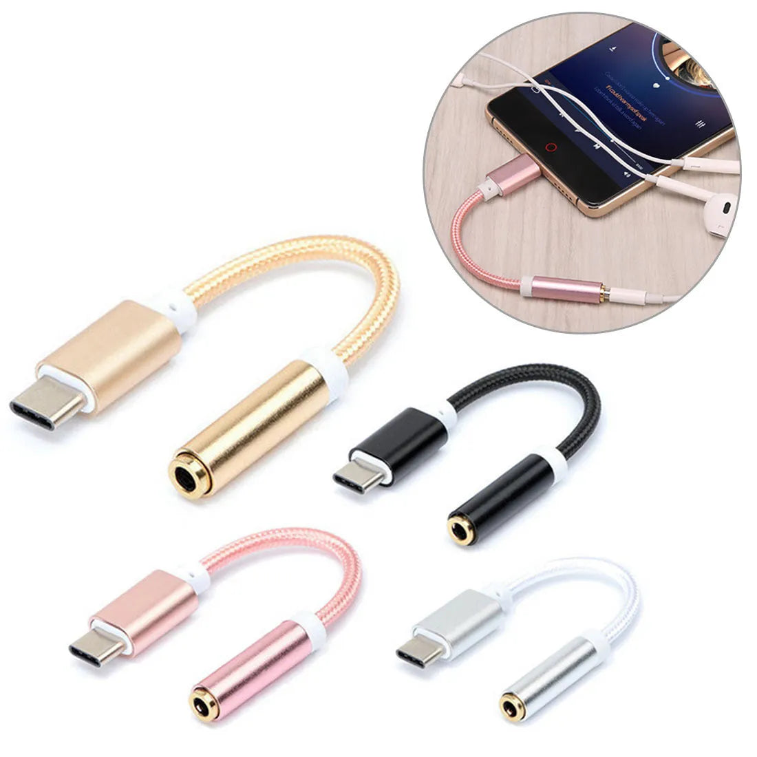 Nylon weaving TYPE-C to 3.5mm headphone adapter cable in multiple colours for mobile phone audio conversion