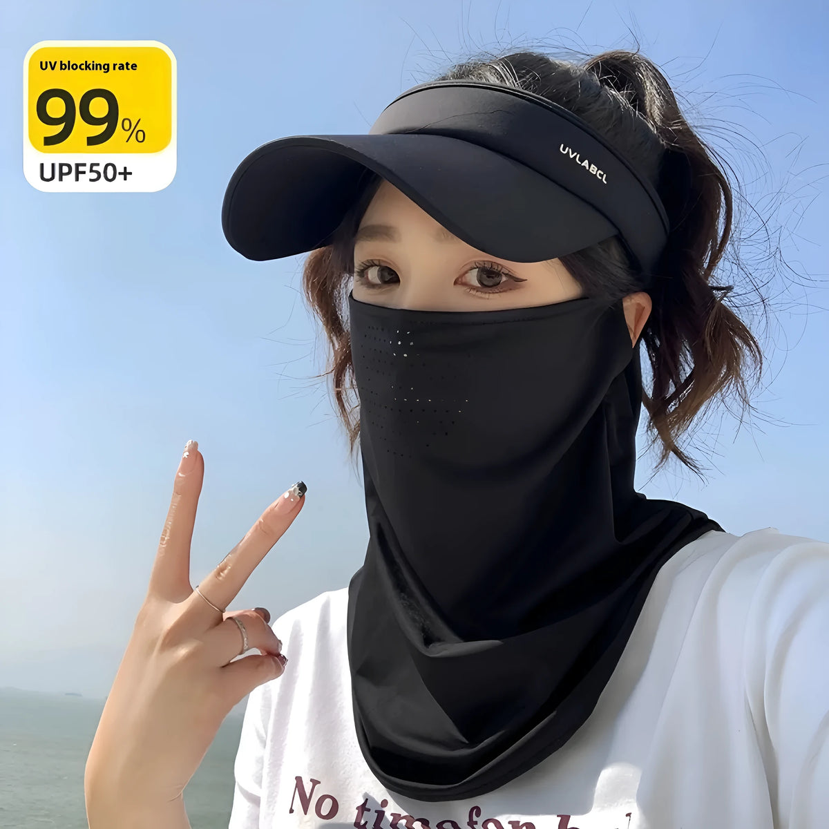 UPF50 breathable nylon outdoor cycling face mask in black, half-cover style, 18cm x 28cm, for sun protection.