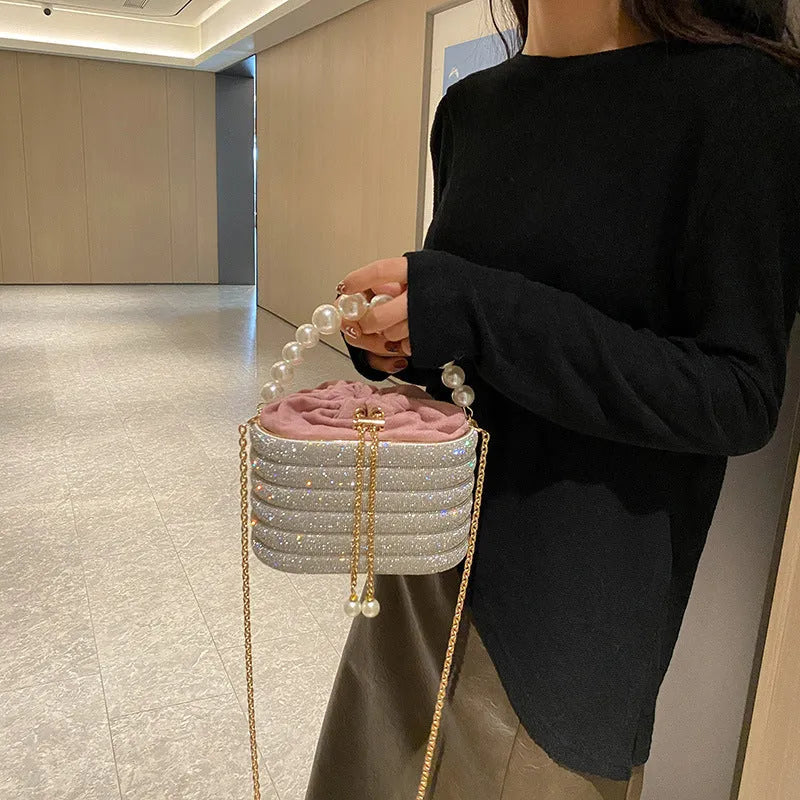 European retro style pearl beaded crossbody bag in soft PU leather with dinner clutch shape