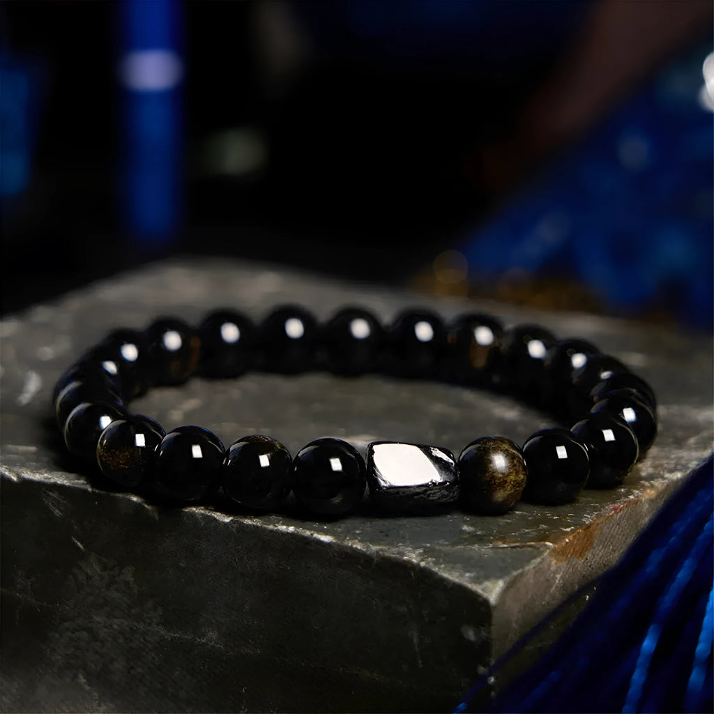 Unisex obsidian constellation bracelet with 8mm beads in gold obsidian and black tourmaline colours