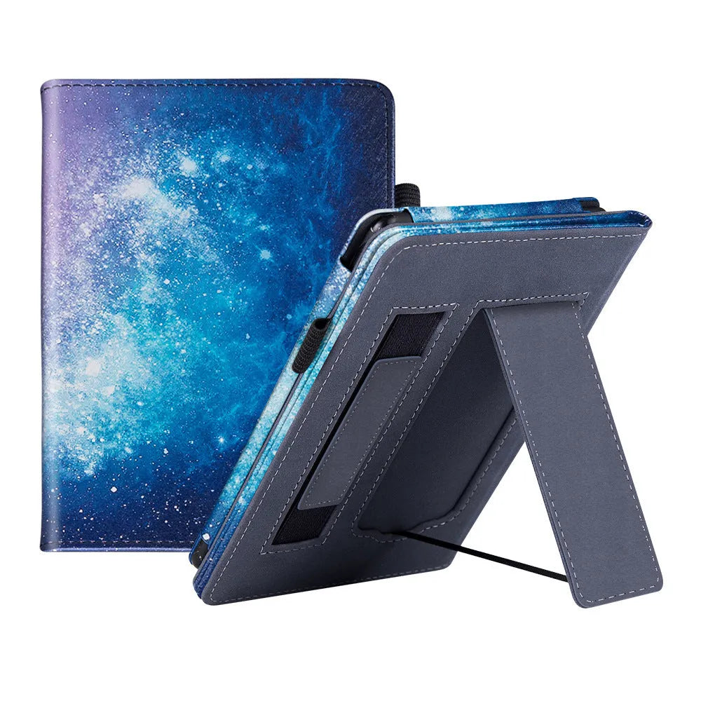 Kindle Paperwhite leather case with wrist splint bracket attached, showing calf leather exterior and microfiber interior