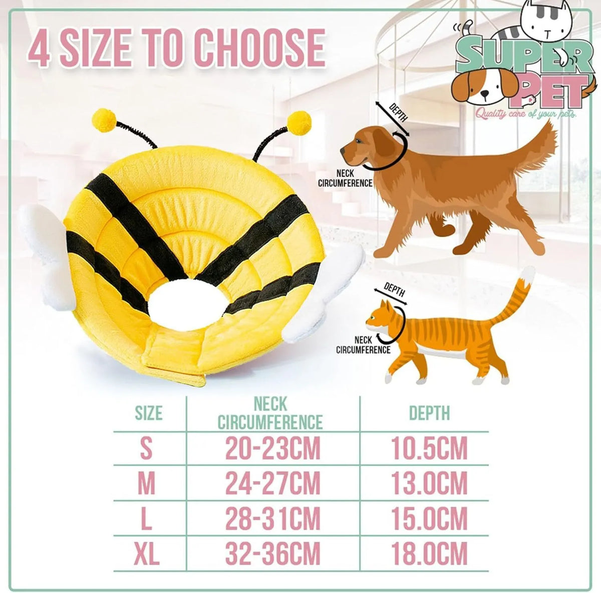 Soft fabric cat recovery collar with black and yellow bee design and white adjustable Velcro strap.