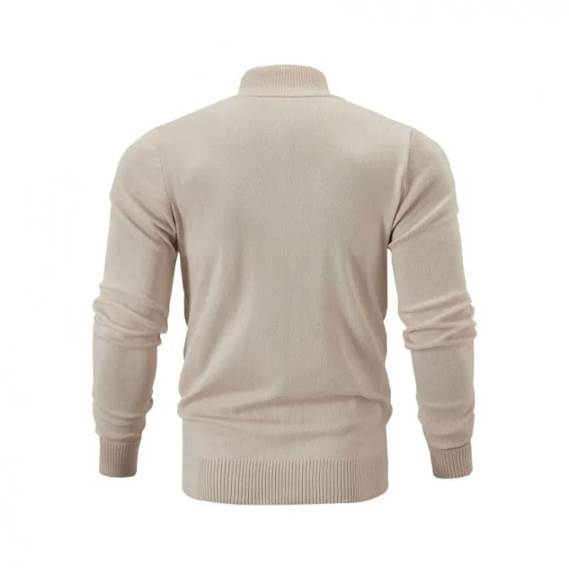 Man wearing a dark grey zip-front stand collar casual cotton cardigan