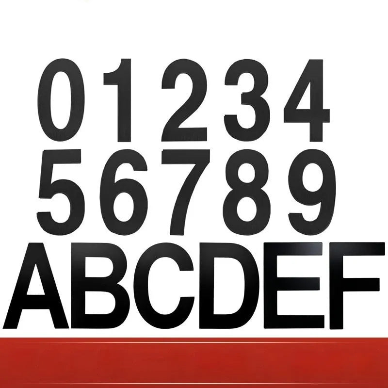 Black stainless steel adhesive house numbers and letters showing digits 1 through 9 and letters A to F.