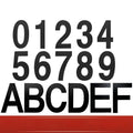 Black stainless steel adhesive house numbers and letters showing digits 1 through 9 and letters A to F.