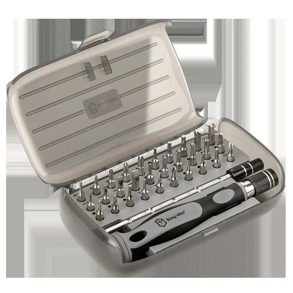 32-in-1 screwdriver set with PH1 head in compact neutral luggage case