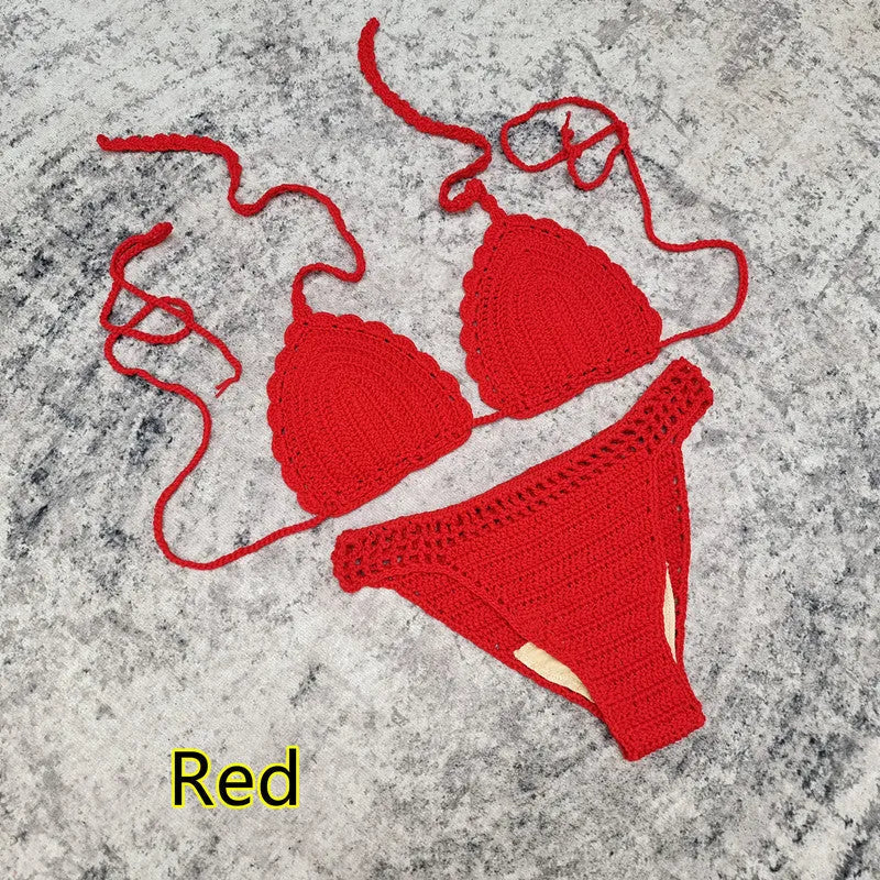 Women's 3-piece handmade crochet bikini set with skirt cover-up in solid colour acrylic fibre